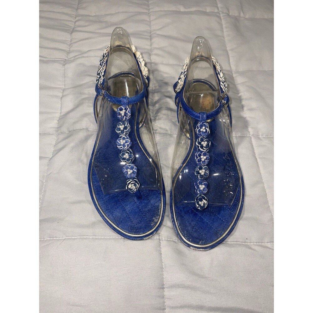 Chanel T Strap Blue Floral Embellished Sandals Sz 39 8.5 US